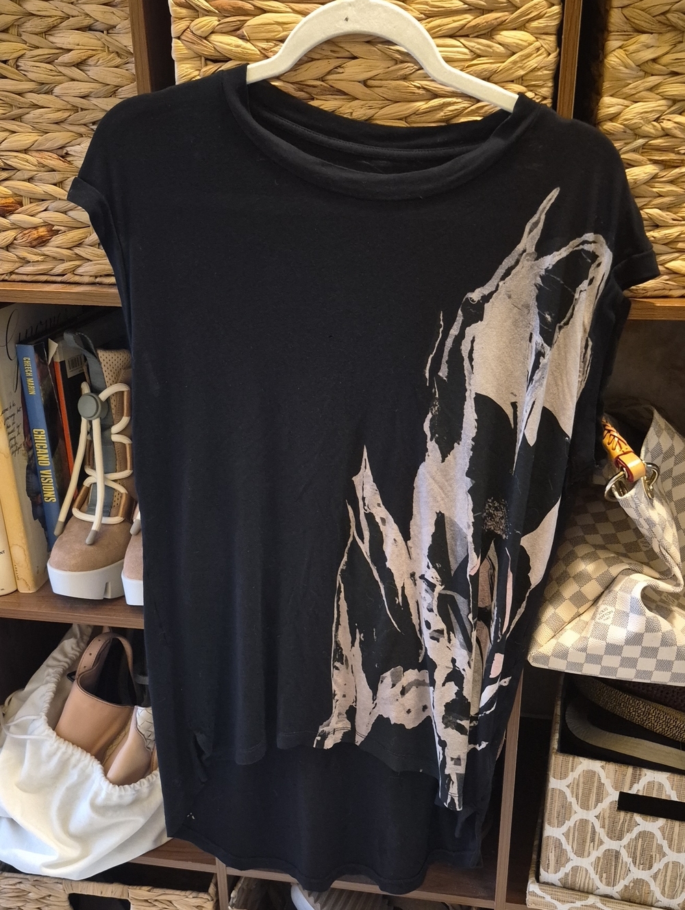 AllSaints Black Short-Sleeve Tee with Metallic Silver Abstract Print Distressed